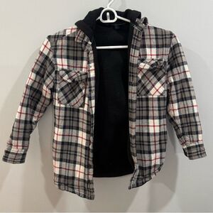 Burnside boys black white and red plaid fleece lined hooded jacket size small